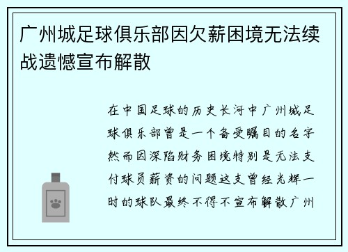 广州城足球俱乐部因欠薪困境无法续战遗憾宣布解散
